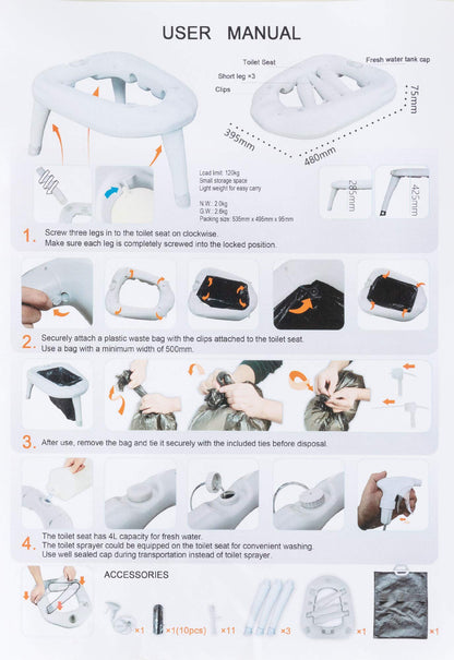 Stagecaptain Quixie-2842 camping toilet - outdoor and travel WC - for kids and adults - with hand washing sprayer - in practical carrying bag - includes 10 waste bags - light grey