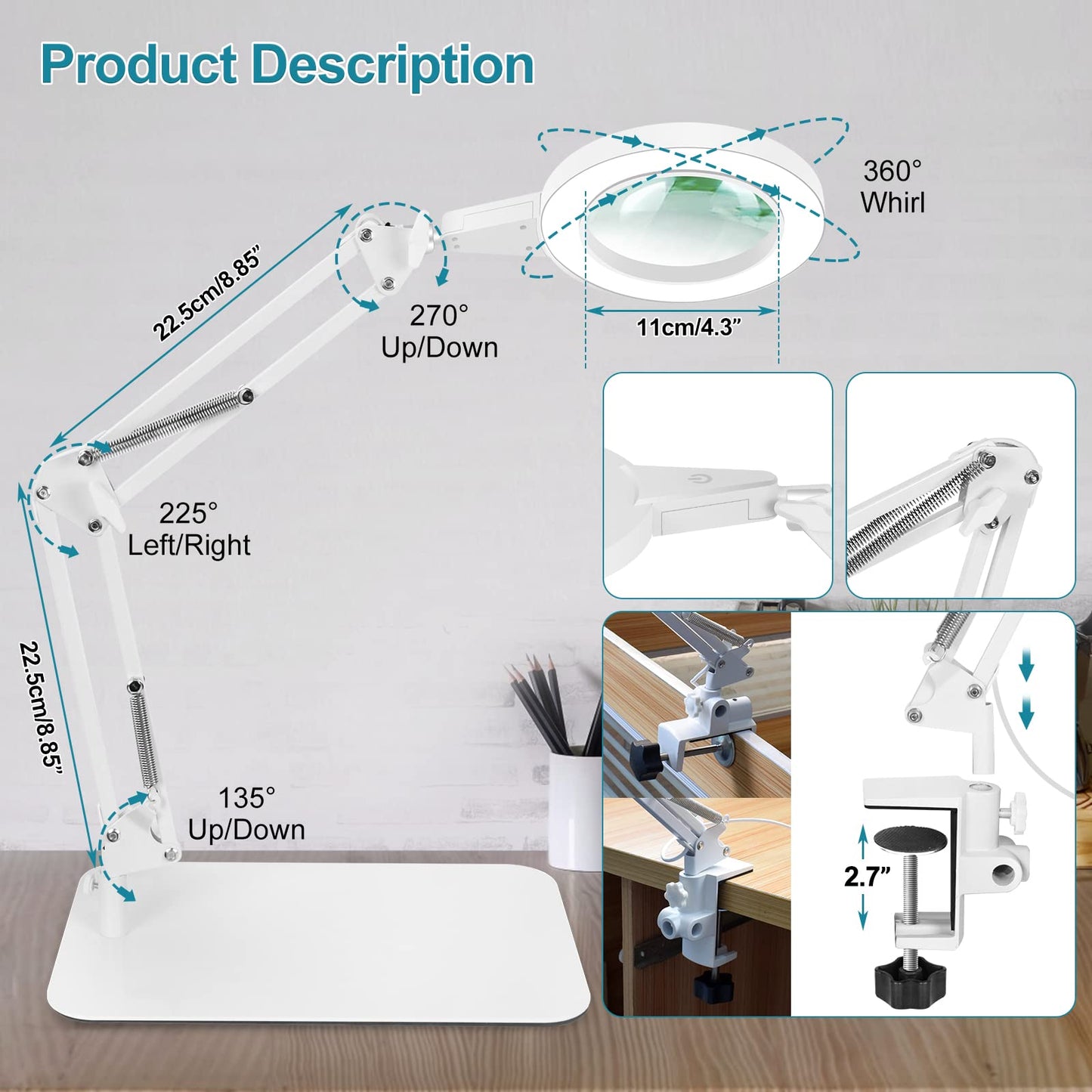 10X magnifying glass with light and stand, touch control, 2-in-1 LED magnifier light, desk lamp with large base and clamp, 3 color modes dimmable, magnifying lamp for crafting, white.