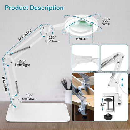 10X magnifying glass with light and stand, touch control, 2-in-1 LED magnifier light, desk lamp with large base and clamp, 3 color modes dimmable, magnifying lamp for crafting, white.