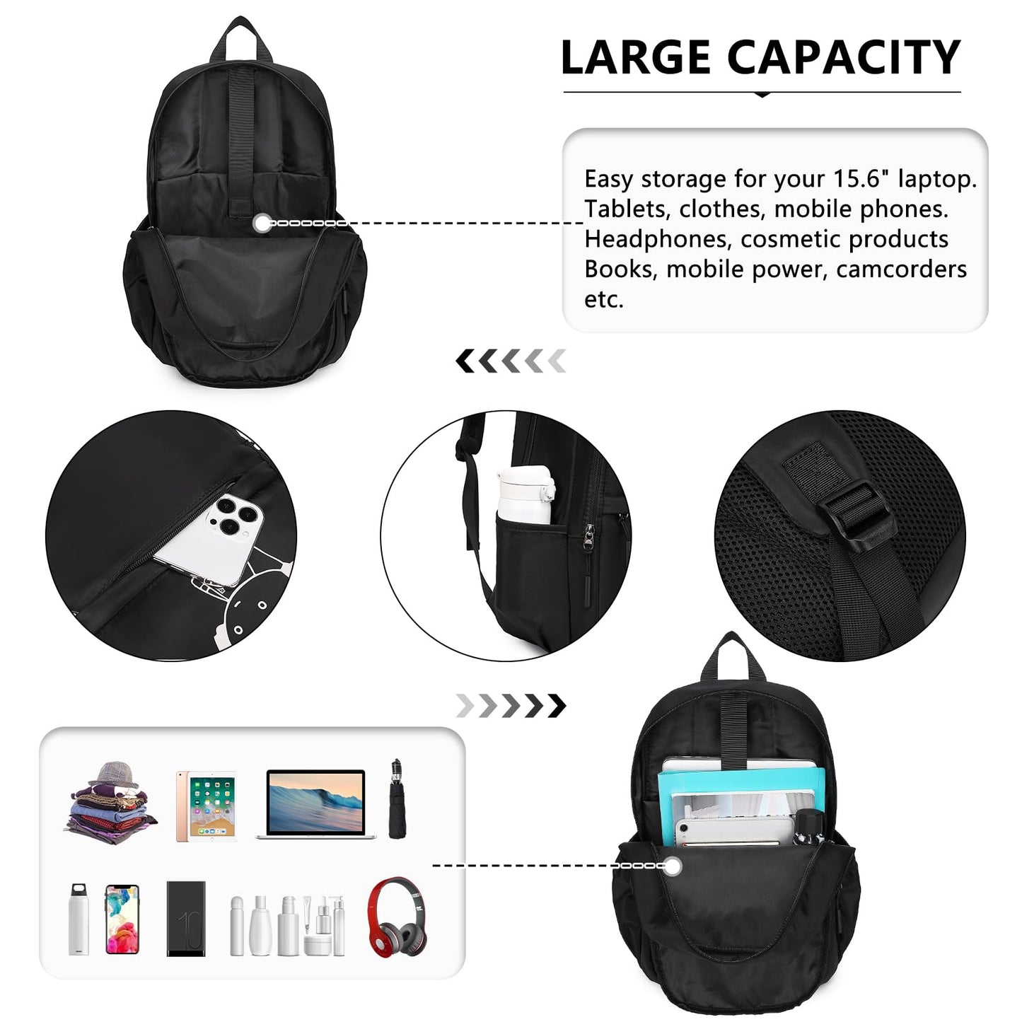 KONO Luminous School Backpack 3-in-1 Set, Anime Boys School Bag Shoulder Bag Pencil Case, 15.6" Laptop Backpack for Student Teenage Girls (Black)