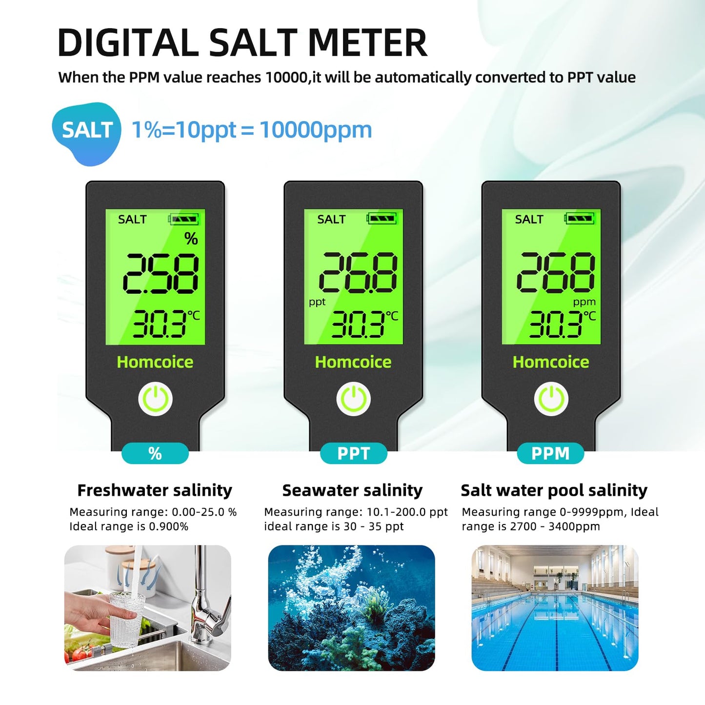 Homcoice 5 in 1 pH meter TDS EC SALT Temperature pH Value meter IP67 waterproof, Pool pH Tester 0.01 high-precision digital water tester Drinking water with ATC function