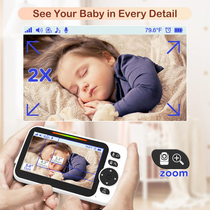 Video baby monitor with audio, 30-hour rechargeable battery, 5" screen, remote pan/tilt/zoom camera, two-way talk, night vision, no WiFi.