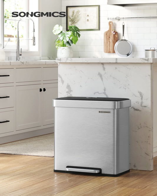 SONGMICS Kitchen Trash Can, 2 x 30L, Waste Separation System, 2 Compartments, 15 Trash Bags, Stainless Steel Trash Can, Plastic Inner Bucket, with Lid, Soft-close, 58 x 31.5 x 59 cm, silver LTB202E01