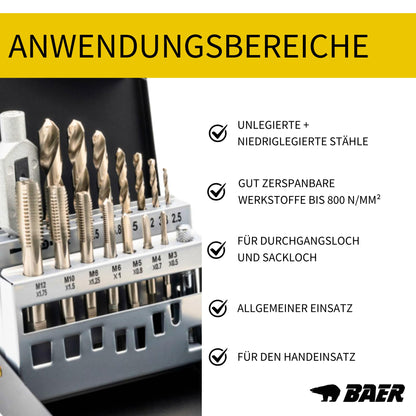 BAER Thread Cutting Set M3 - M12 HSSG - 15 pcs. | Thread tap set with center drill & tap wrench | Professional thread cutting set in metal case | Tap set