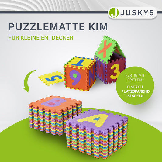 Juskys Kids puzzle mat Kim 36 pieces with letters A-Z & numbers 0-9 - non-slip & wipeable puzzle from 10 months - Eva foam - play mat