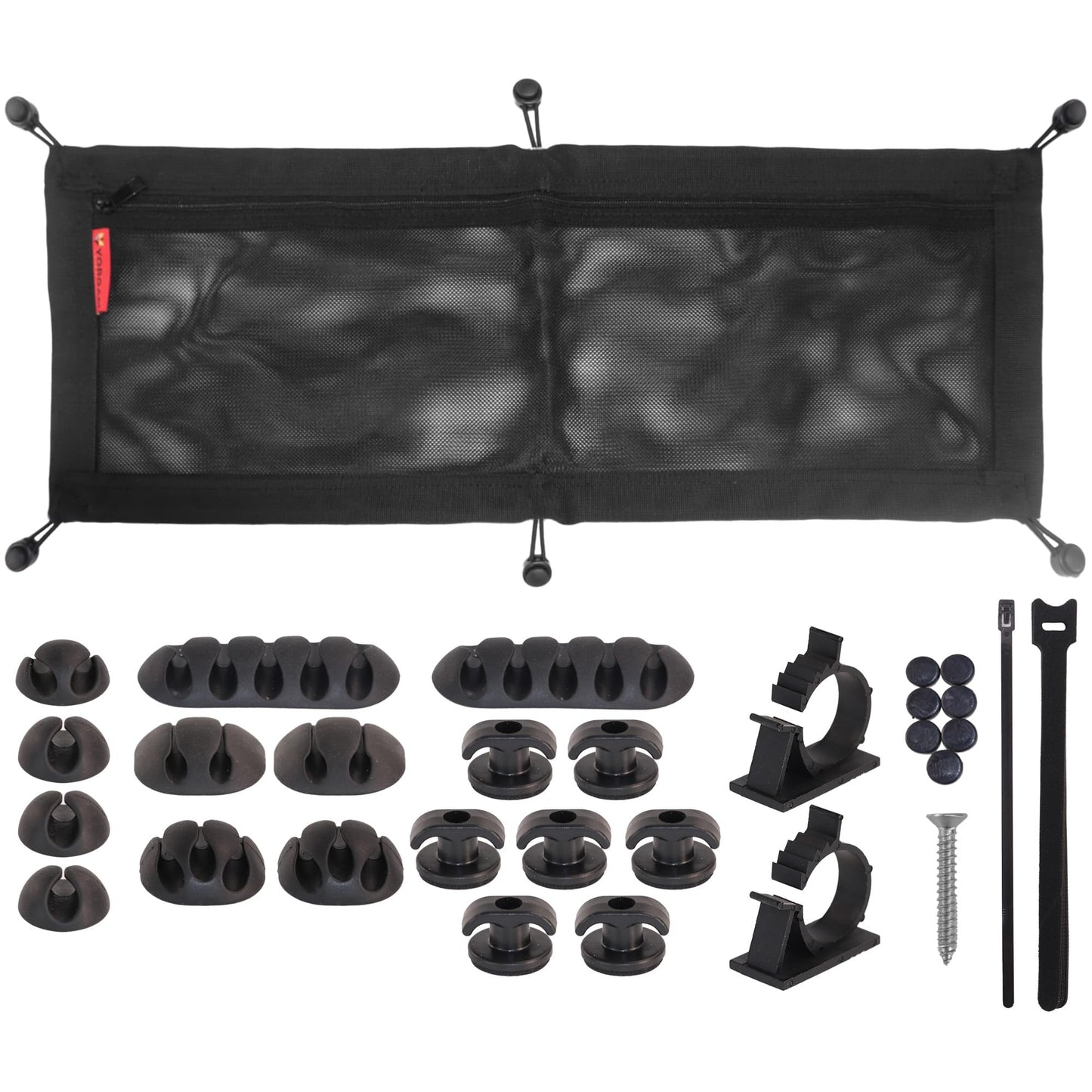 Cable Management Desk - Flexible cable channel desk for hiding cables with double-layered net and integrated pocket for storage (Black - 63 x 24 cm)