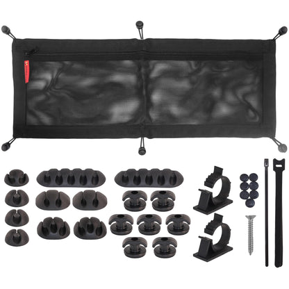 Cable Management Desk - Flexible cable channel desk for hiding cables with double-layered net and integrated pocket for storage (Black - 63 x 24 cm)