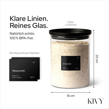 KIVY Large 3L Airtight Glass Jar with Transparent Glass Lid - For Flour, Cookies, Candy, Laundry Detergent - Storage Glass - Flour Storage Glass - Storage Box - Cookie Jar