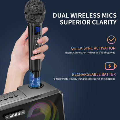 Karaoke Machine for adults and kids with 2 UHF wireless microphones, portable Bluetooth singing speaker, PA system with disco lights, cell phone holder for home, party, picnic (black)