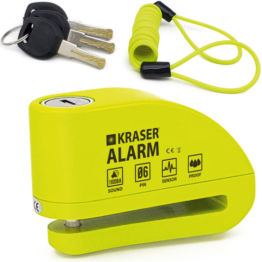 KRASER KR6Y Brake Disc Lock with Alarm 110 dB, Reinforced, 3 keys (2 spares) High Security Motorcycle Lock, Waterproof, 1.5m Reminder Cable, Bag, Universal Motorcycle Lock, Bike Lock