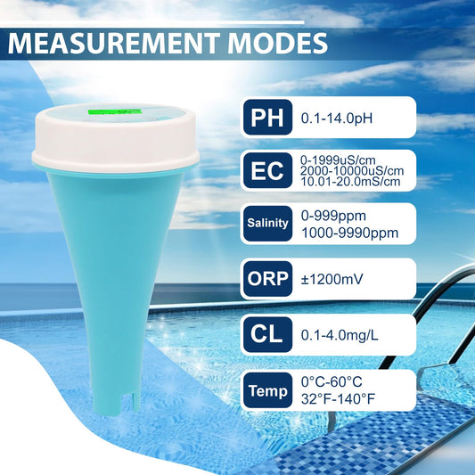 6-in-1 Water Tester with Bluetooth & Data Storage Swimming Pool Water Quality Meter for Chlorine, pH, EC (Conductivity), ORP, Salinity & Temperature, including Smart App for Pool, Hydroponics & Aquariums.