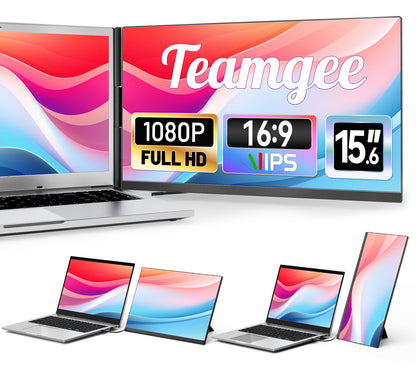 Teamgee Laptop Monitor Extension 15.6, 1080P FHD IPS Portable Monitor compatible with 13"-17" laptops, Slim Bezel-Less Screen Extender with detachable stand, Plug and Play for Mac, Windows.