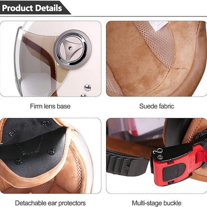 BOSERMEM Adult Motorcycle Helmet Scooter Helmet, Fashion Half-open Helmet with Goggles, Passed Traffic Safety Test to Effectively Protect Head Safety (Beige, L 57-58cm)