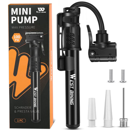 West Biking Mini Bike Pump - Aluminum Bicycle Air Pump for all valves, portable small bike pump, quick tire inflation. Lightweight mini bike pump for MTB road bike ball pump.