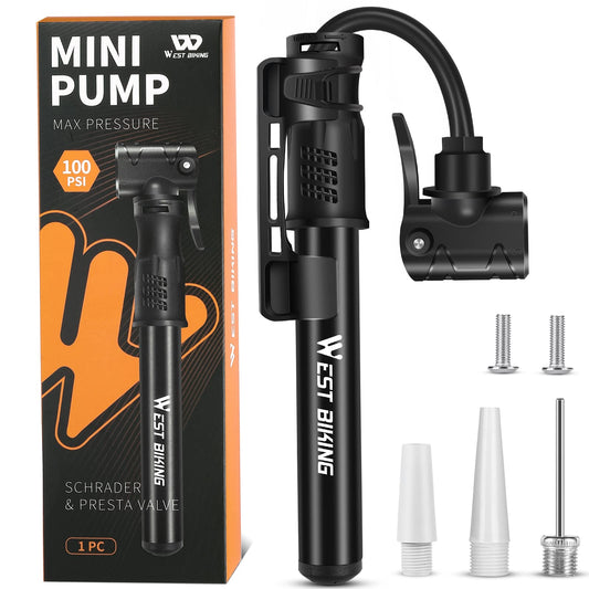 West Biking Mini Bike Pump - Aluminum Bicycle Air Pump for all valves, portable small bike pump, quick tire inflation. Lightweight mini bike pump for MTB road bike ball pump.