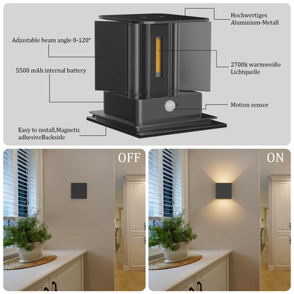 Aipsun 2 Pack Wireless Battery Wall Light with Motion Sensor, 5500mAh Wall Light Up and Down Indoor LED Wall Light, 5W, Aluminum, 3000K Warm White, Suitable for Hallways and Stairs (Anthracite)