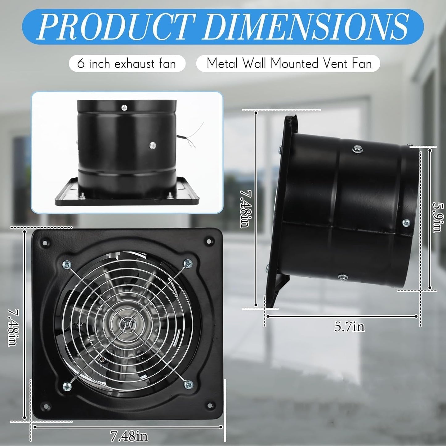 6" wall mounted exhaust fan super quiet ventilation with copper motor main bathroom kitchen garage exhaust vent (Black)