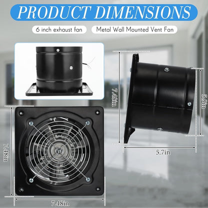 6" wall mounted exhaust fan super quiet ventilation with copper motor main bathroom kitchen garage exhaust vent (Black)