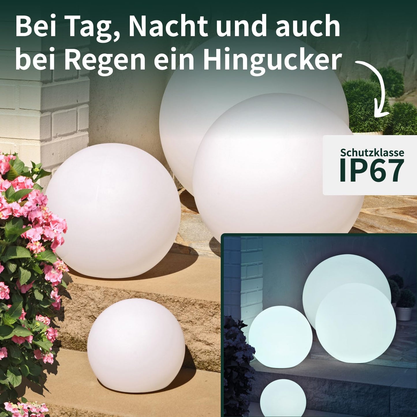 VERDOBA LED ball light with battery - waterproof LED light ball with color change and USB-C connection - dimmable LED ball for outdoor & indoor - 40 cm large ball lamp with protection class IP67