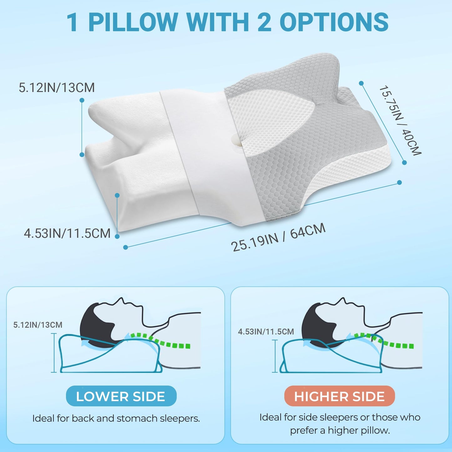 Elviros Orthopedic Memory Foam Pillow, Side Sleeper Pillow Neck Support Pillow Head Pillow Neck Pain Ergonomic Sleep Pillow for Neck and Shoulder Pain 64 x 12.5/10.5 x 38cm