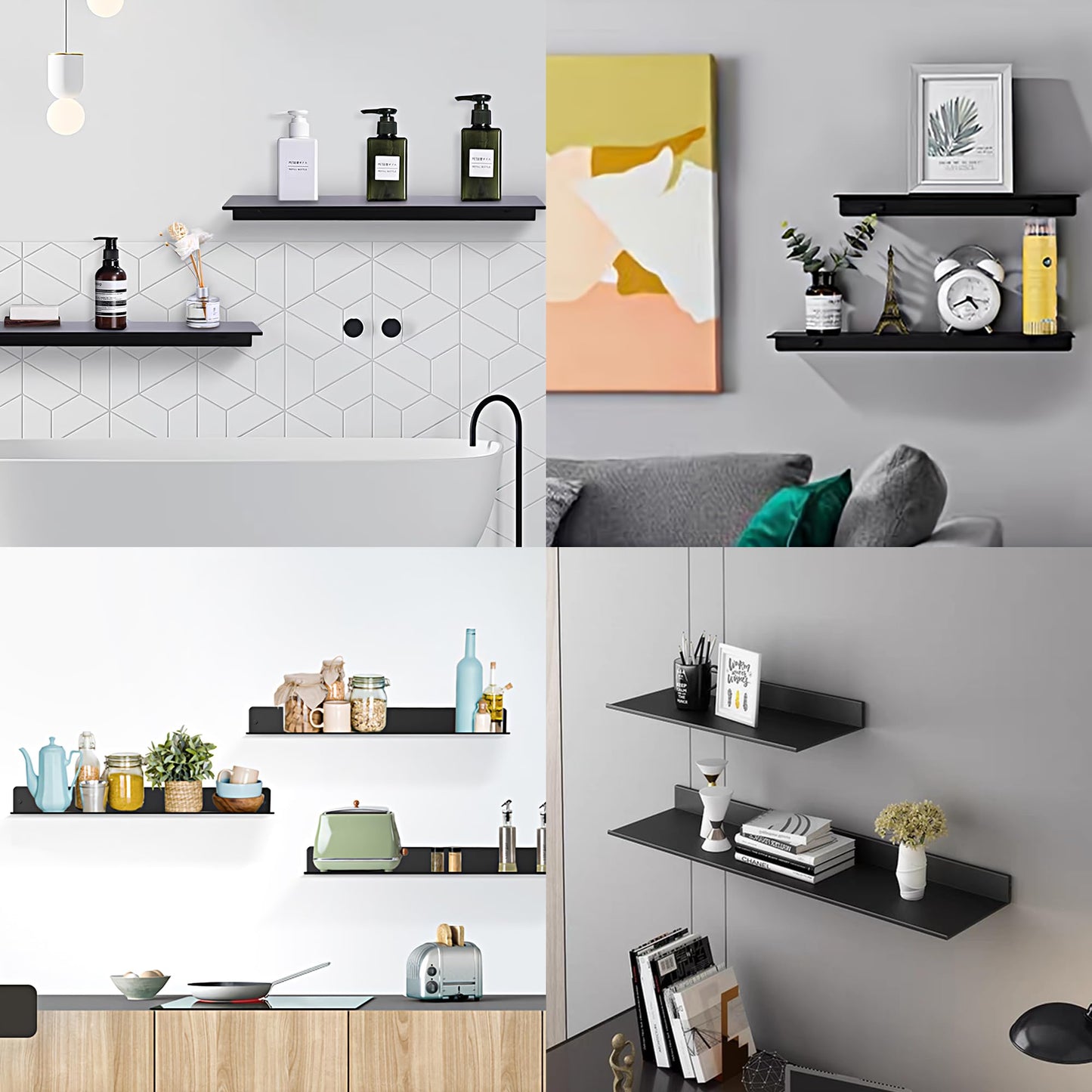 HNVNER Shower Caddy Without Drilling 2 Pieces, Metal Wall Shelf Black 40CM, Shampoo Holder for Shower, Floating Shelf for Storage for Bathroom, Living Room, Kitchen, Bedroom, Office