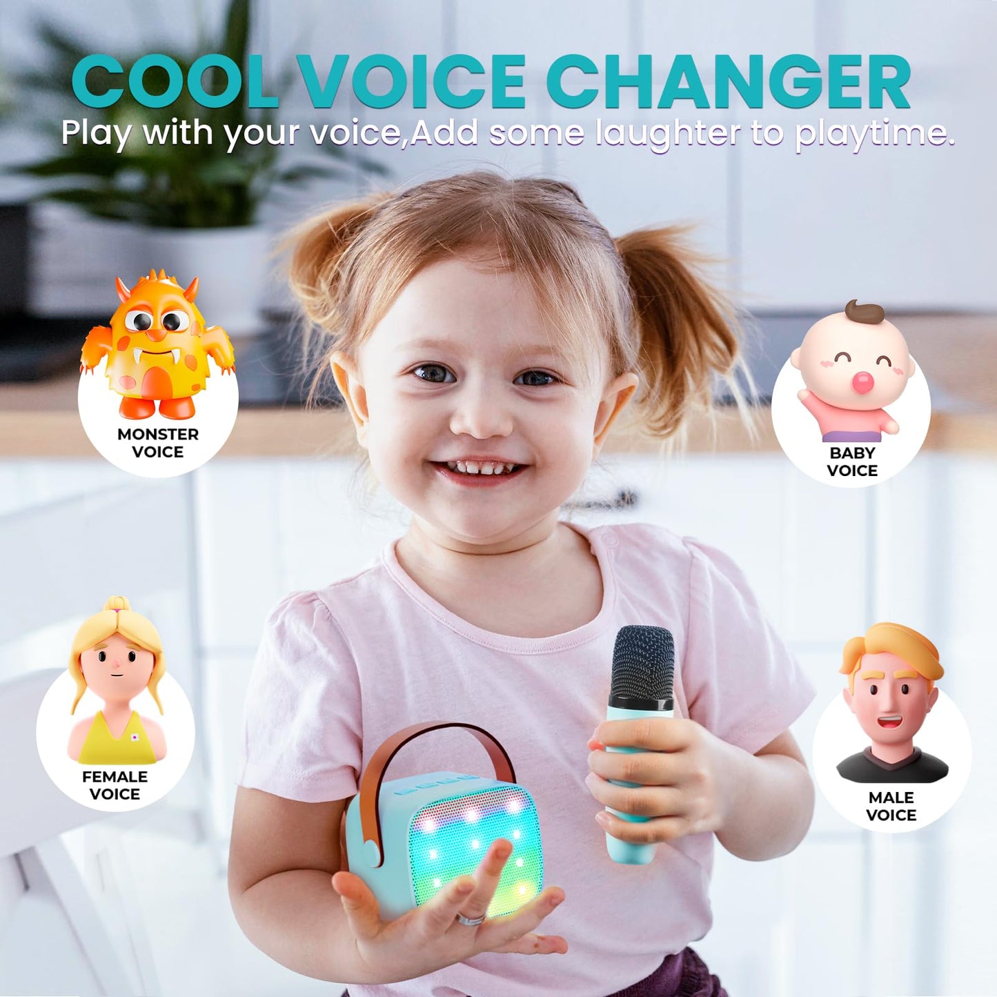 Karaoke machine with 2 microphones, [Premium Version] Wowstar Portable Bluetooth Karaoke Machine for Kids Adults with Voice Changing Effects & LED Lights Boys Girls Gifts (Blue)