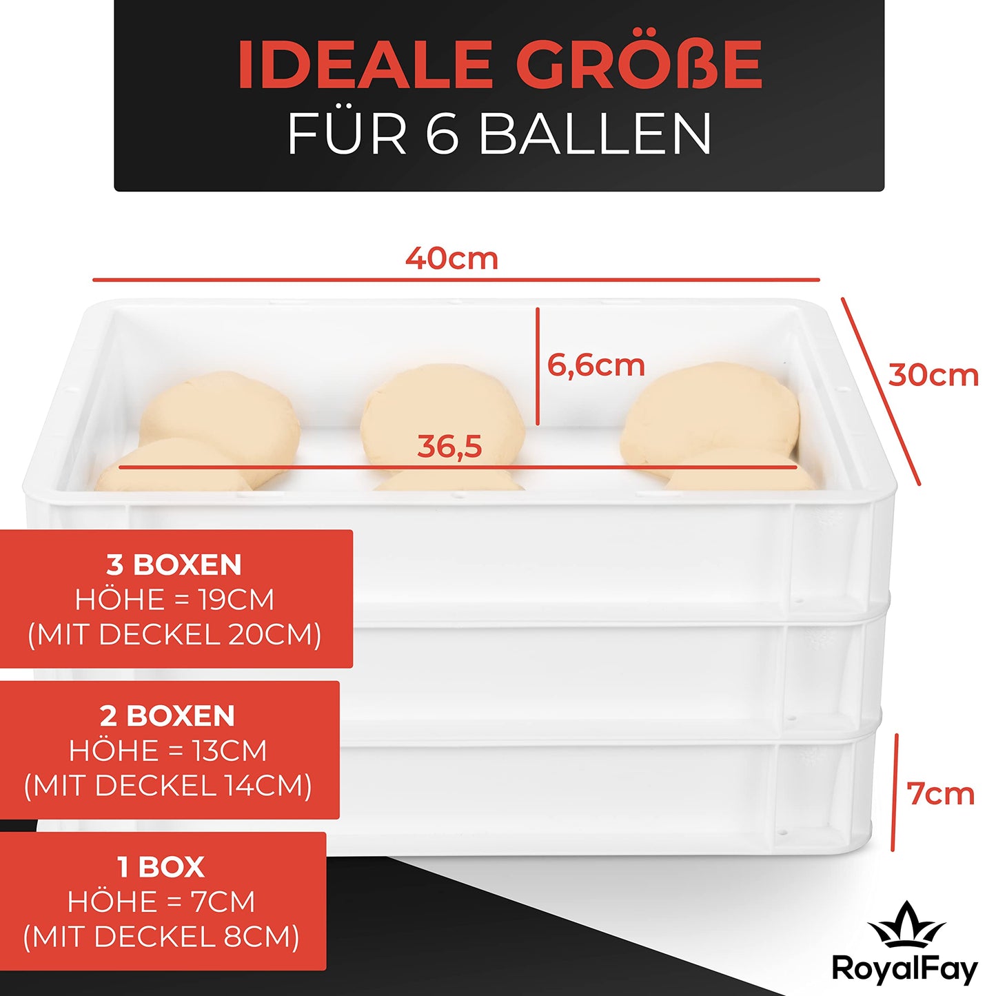RoyalFay® Pizza Dough Ball Box - Made in Germany - Proofing Box 30x40x8 cm with Lid - food-safe & BPA-free dough box for pizza dough balls - stackable & sturdy - (white)