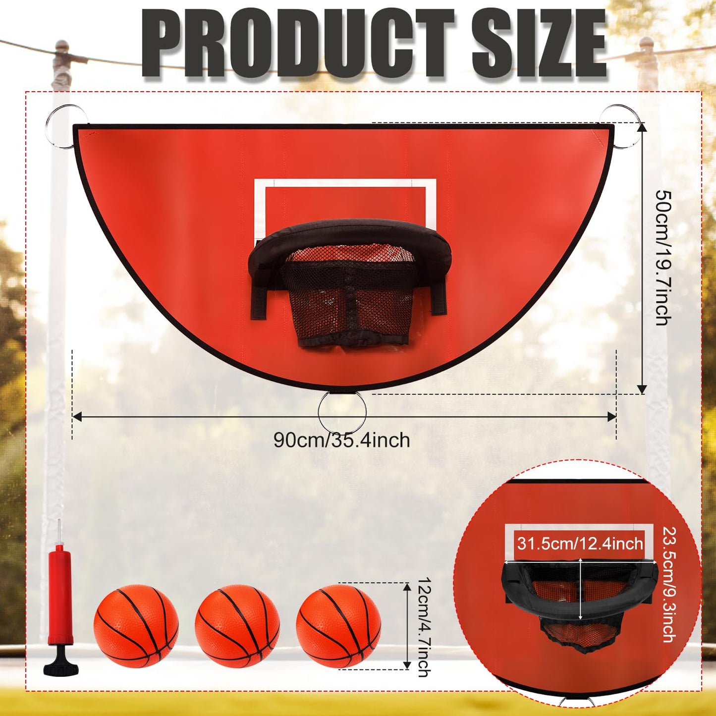 Trampoline basketball hoop, tearaway rim for dunking Trampoline basketball attachment with mini basketballs Trampoline accessory for kids, adults for indoor and outdoor use (Red)