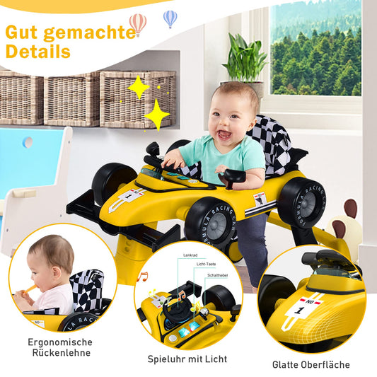 COSTWAY 4 in 1 baby walker, foldable with adjustable height & speed, car-shaped design with music box, lights & wheels, suitable for babies from 6 months, can hold up to 12kg weight (yellow)