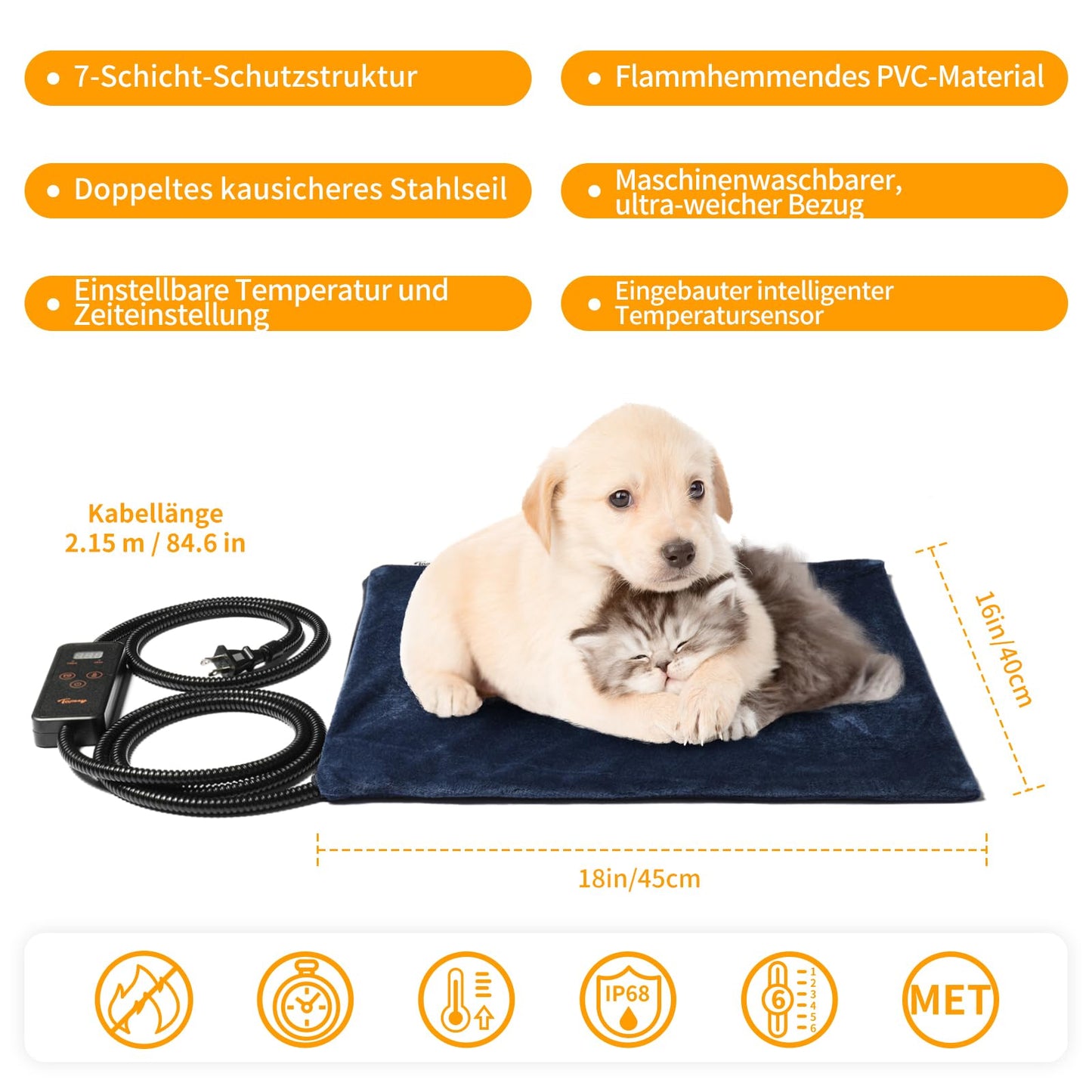 Toozey Cat & Dog Heating Pad 45*45cm, Adjustable Timing & Temperature Safe Electric Pet Heating Blanket, Soft Warming Blanket for Newborn/Small/Older Cat and Dog