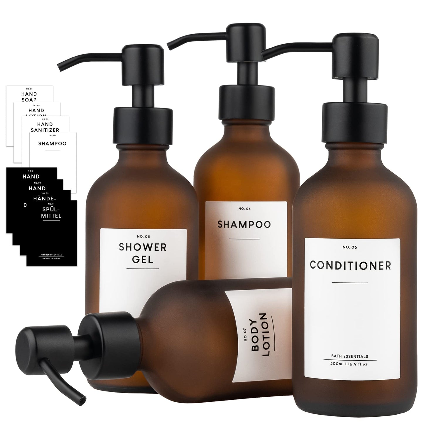 MONOKO 4-pack frosted brown glass soap dispensers | refillable shampoo bottles | 250ml kitchen dish soap dispenser | stainless steel pump head | pump bottle + stickers