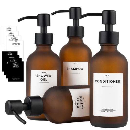 MONOKO 4-pack frosted brown glass soap dispensers | refillable shampoo bottles | 250ml kitchen dish soap dispenser | stainless steel pump head | pump bottle + stickers