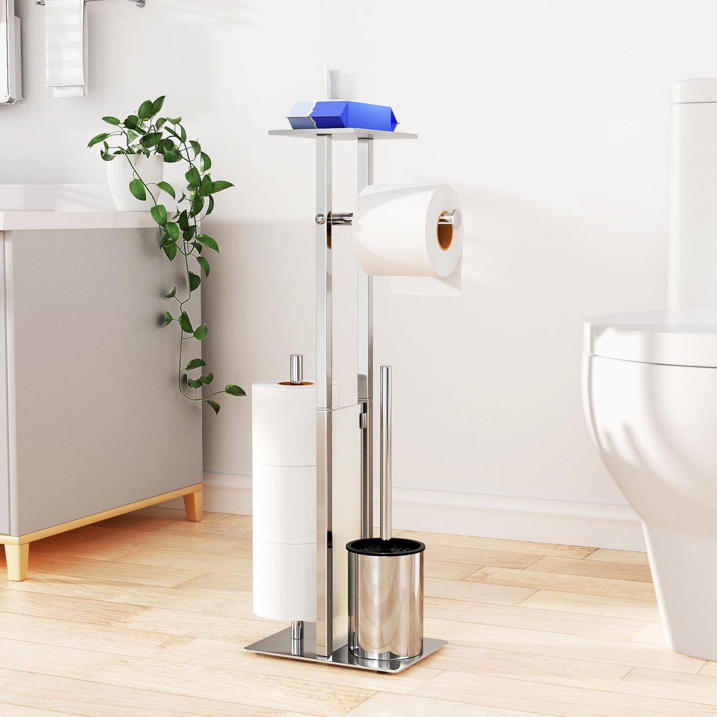 Stainless Steel Freestanding Toilet Paper Holder with Toilet Brush - Toilet Paper Holder with Tray, Toilet Paper Holder with Toilet Brush, Toilet Roll Holder with Glass Shelf (Silver)