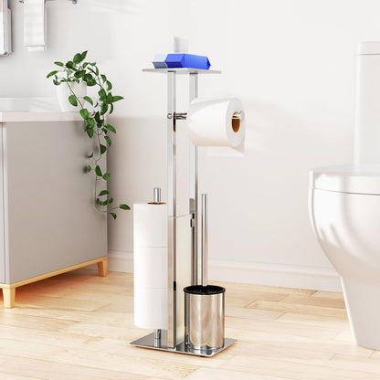 Stainless Steel Freestanding Toilet Paper Holder with Toilet Brush - Toilet Paper Holder with Tray, Toilet Paper Holder with Toilet Brush, Toilet Roll Holder with Glass Shelf (Silver)