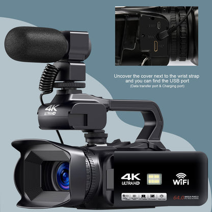 4K video camera camcorder 60FPS 64MP 18X digital zoom auto focus vlogging camera for YouTube, 4.0" touch screen HD WiFi video camera with 4500mAh battery, 64G SD card, stabilizer, microphone, and remote.