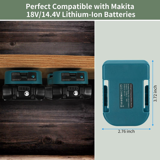 5 Pack of battery-USB adapters compatible with Makita 18V battery, with dual USB and Type-C 5V/2.1A battery holder.