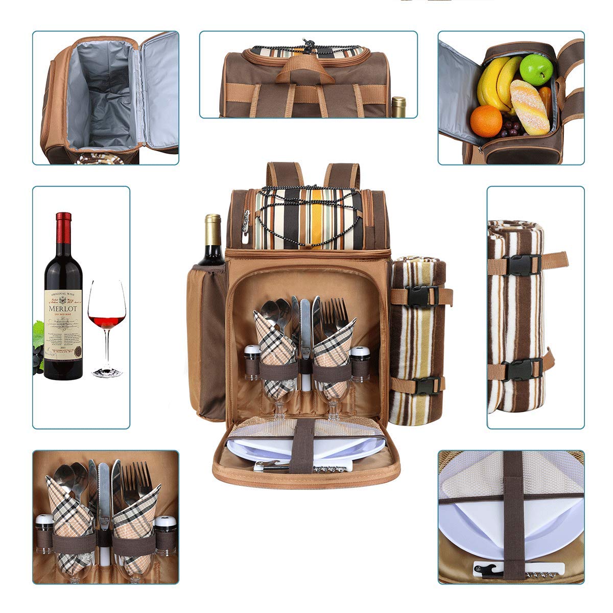 Hap Tim picnic backpack cooler for 2 people with insulated leak-proof cooler bag, wine holder, fleece blanket, cutlery set, perfect for beach, day trips, hiking, camping.