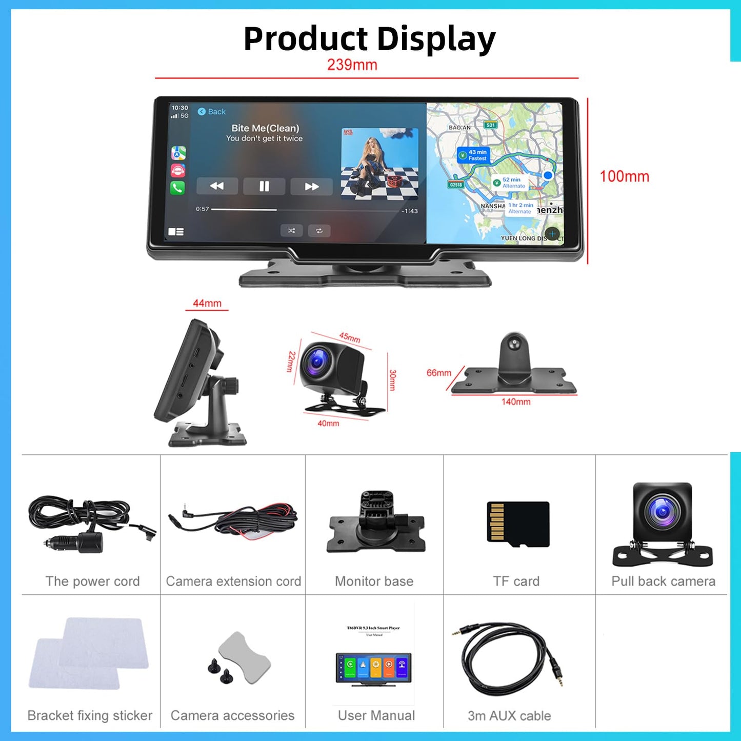 Hodozzy Car Radio Portable CarPlay Wireless Android Auto with Dashcam Front 9.3 Inch Touchscreen Display CarPlay Screen Car Bluetooth Digital Media Receiver Navigation Video Recording Rear View Camera