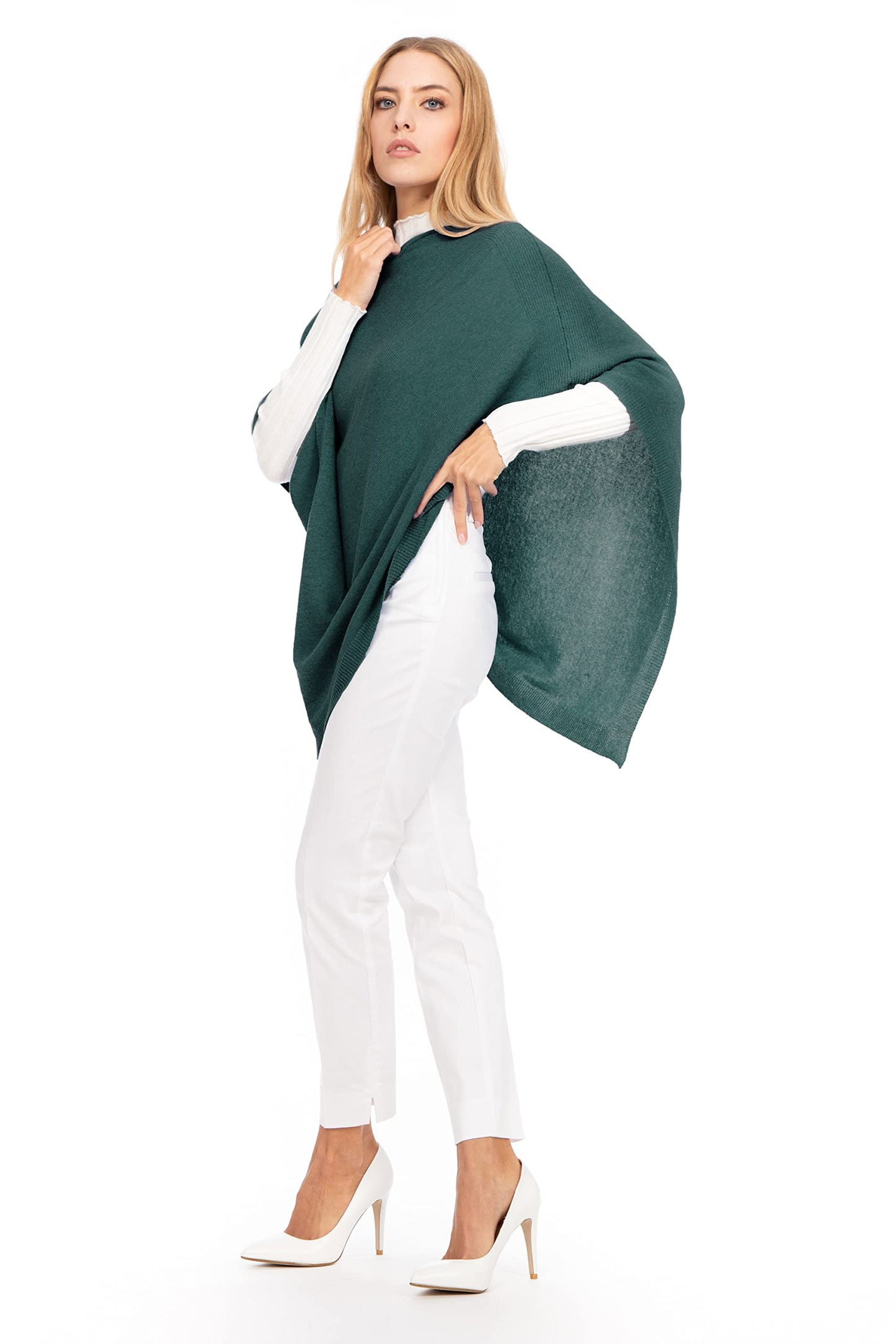 Navy Cashmere - Cashmere blend poncho for women, delicate and soft, made from cashmere (Green Green)