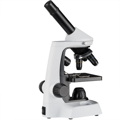 Bresser Junior microscope 40x-2000x with innovative smartphone holder and adjustable incident and transmitted LED lighting.