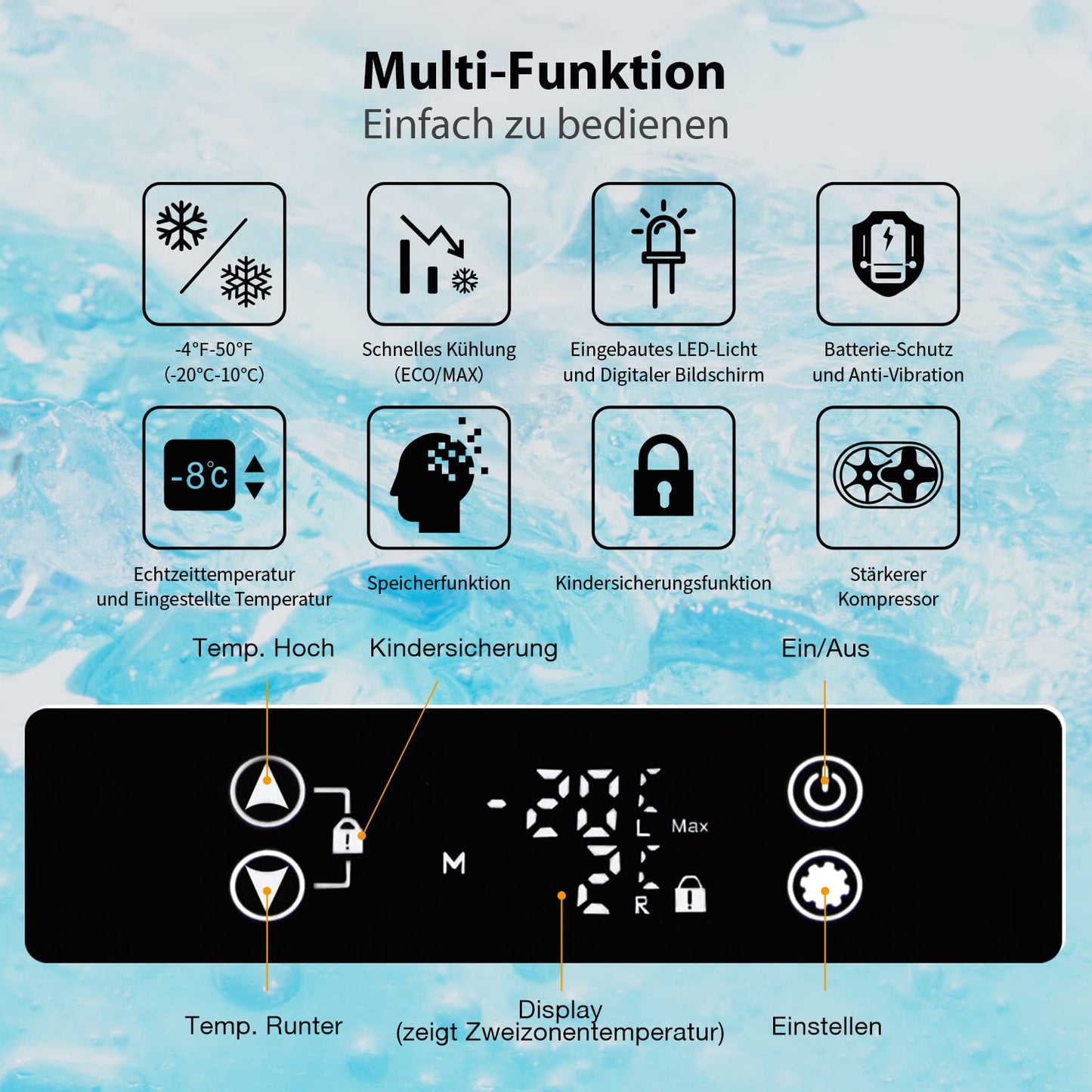 Fullwatt compressor cooler 35L with wheels, freezer with WIFI-APP control, cooling down to -20°C, electric fridge 12V 24V 220V-240V anti-shaking, freezer for camping car, truck, boat.