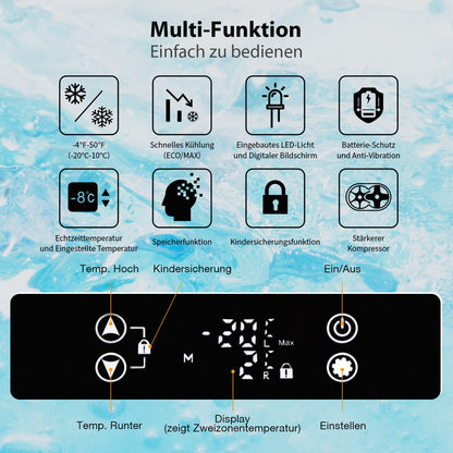 Fullwatt compressor cooler 35L with wheels, freezer with WIFI-APP control, cooling down to -20°C, electric fridge 12V 24V 220V-240V anti-shaking, freezer for camping car, truck, boat.
