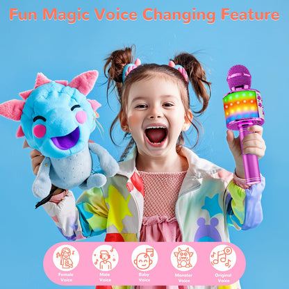 Magic Sing LED Karaoke Microphone for Kids, Wireless Bluetooth Toy for ages 3-12 Girls Gift KTV Speaker with Voice Changer, Home KTV Karaoke Machine for Android, iOS, PC (Purple)