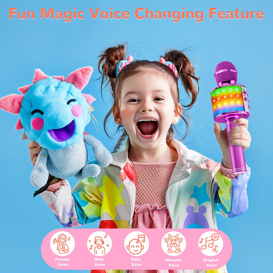 Magic Sing LED Karaoke Microphone for Kids, Wireless Bluetooth Toy for ages 3-12 Girls Gift KTV Speaker with Voice Changer, Home KTV Karaoke Machine for Android, iOS, PC (Purple)