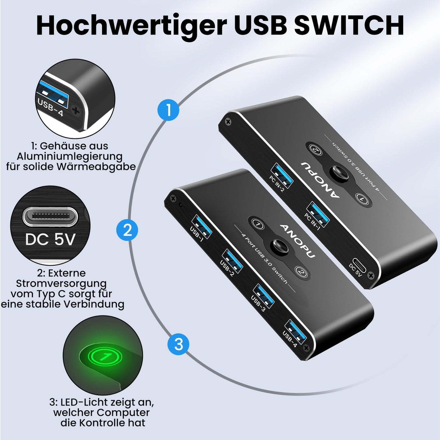Aluminum USB KVM 3.0 Switch - 2 inputs 4 outputs with 2 high-speed cables - for 4 USB devices like mouse, keyboard, printer, hard drive, flash drive, headsets.