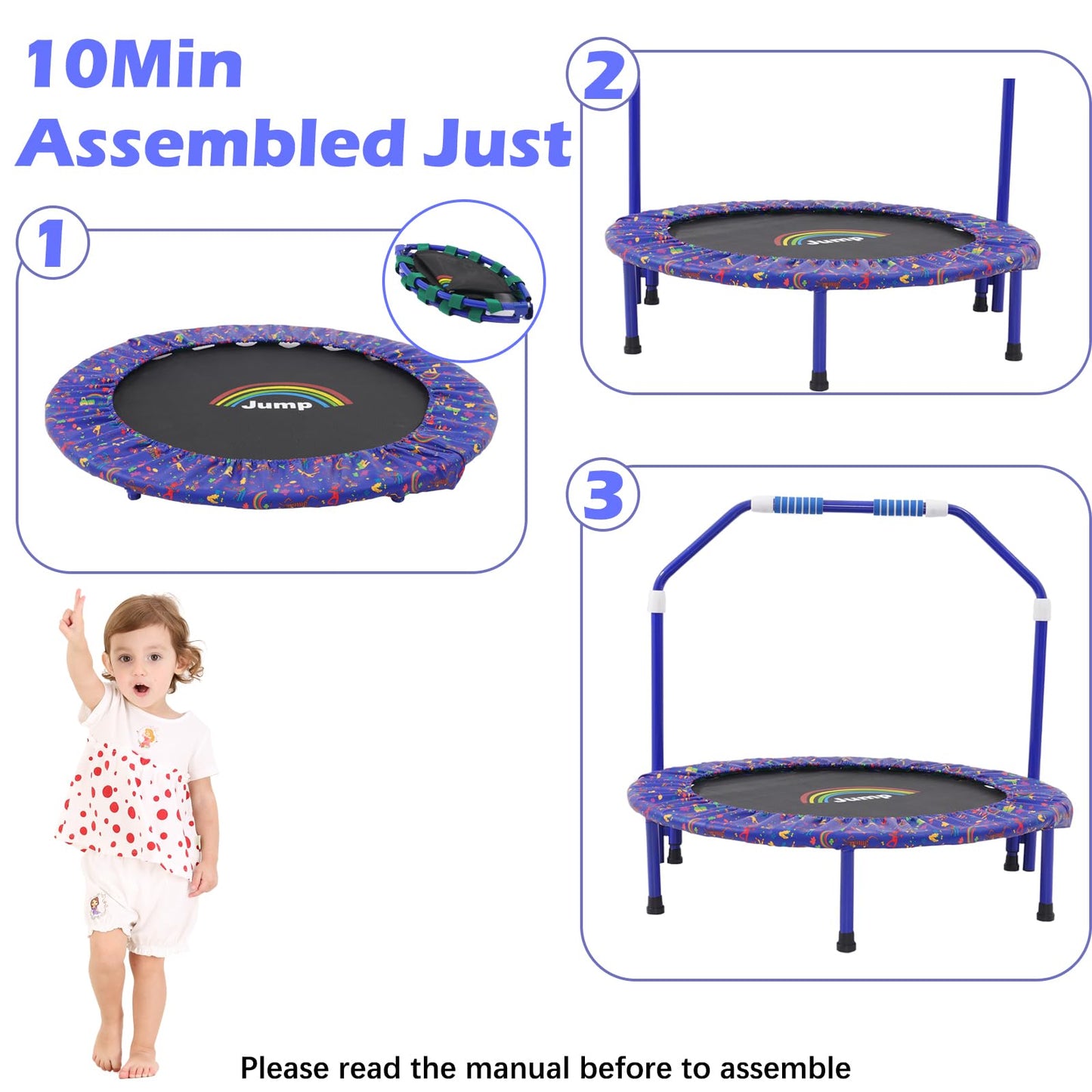 Trampoline for Kids|Approx. 91 cm diameter|Foldable rebounder for mini trampoline with foam handle, safety pads, and durable cover for indoor and outdoor use|Trampoline for jumping fitness (Blue)