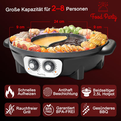 Food Party Hot Pot and Tabletop Electric Grill 220V 2200W 2 in 1 Electric Hot Pot Indoor Korean BBQ Grill Thai Barbecue Fondue Raclette XXL for 8 People