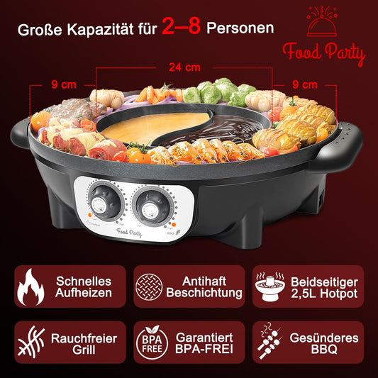 Food Party Hot Pot and Tabletop Electric Grill 220V 2200W 2 in 1 Electric Hot Pot Indoor Korean BBQ Grill Thai Barbecue Fondue Raclette XXL for 8 People
