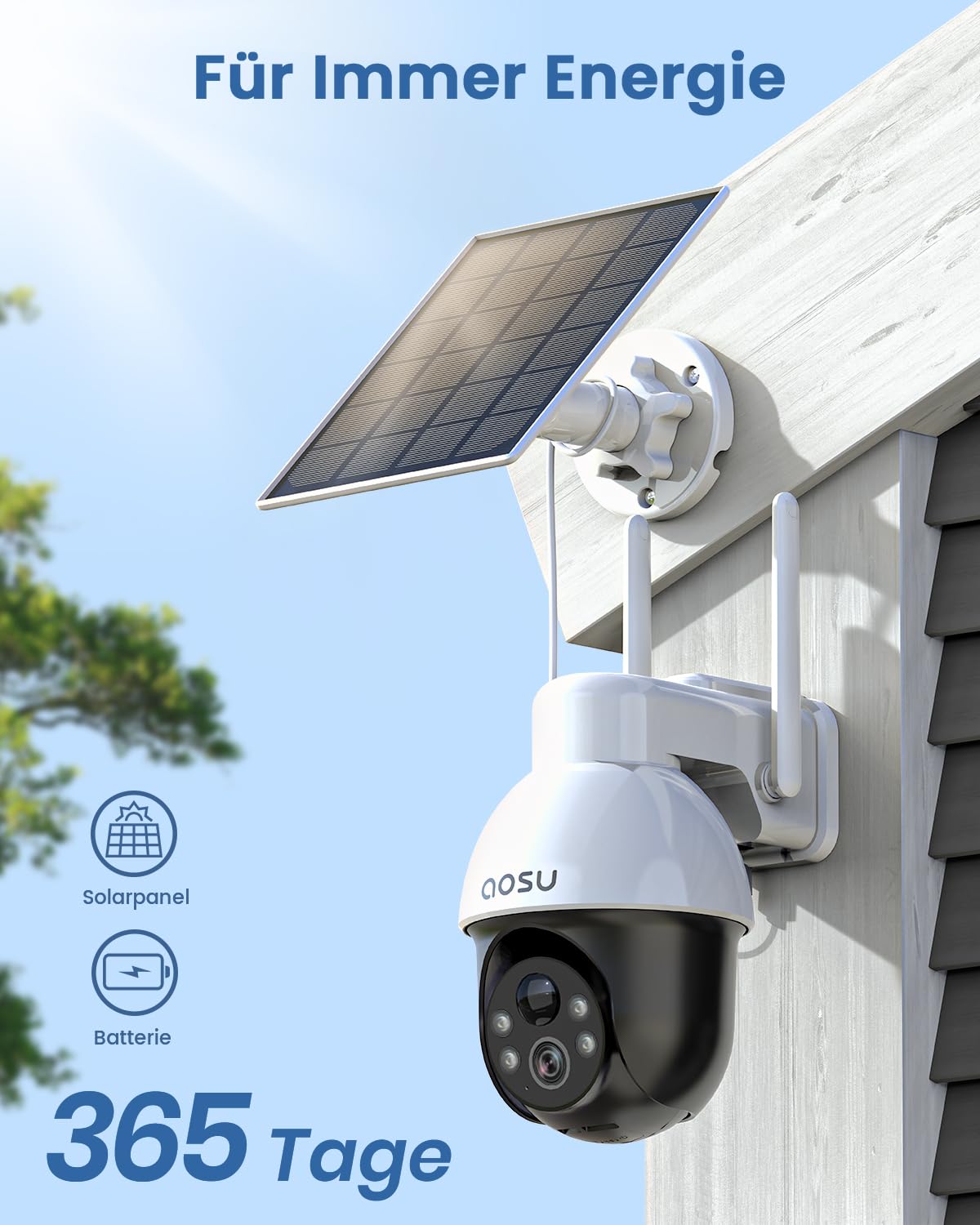 AOSU 3K Outdoor Battery Solar Surveillance Camera, 5MP Wireless WiFi Outdoor Security Camera, 360° Panoramic PTZ, Auto Tracking, Night Vision, 2 Pack.