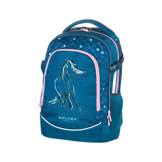 Walker school backpack Fame 2.0 "Lucky Horse" with 2 compartments, front pocket with organizer, side pockets, school bag including back padding, adjustable shoulder and chest straps.